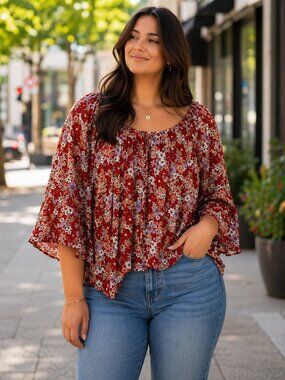 Red Floral Boho Peasant Blouse 1X Bell Sleeve Flowy Top I.N. Studio Plus Size